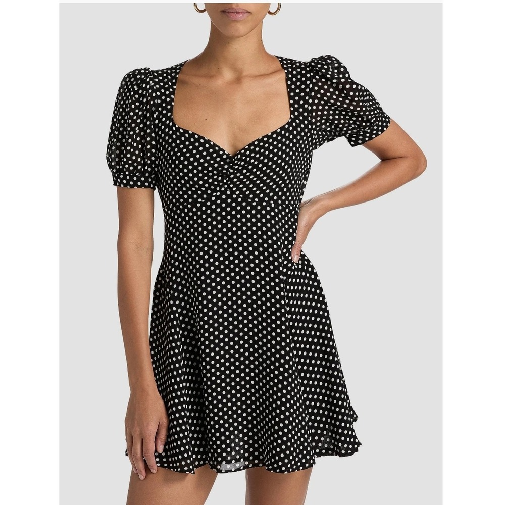 Reformation Rebecca Polka Dot Mini Dress Womens 4 Caviar Black Puff Sleeve